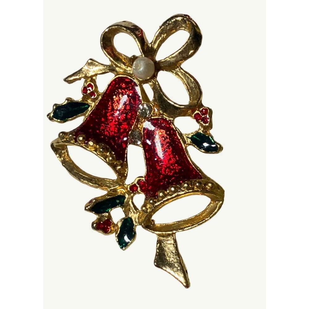 Christmas Red Bell Brooch Pin With Bow And Faux Pearl Accents 2 Inches Vintage - Picture 4 of 5